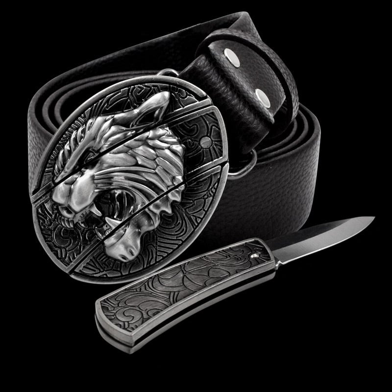 White leather Lion Head buckle belt